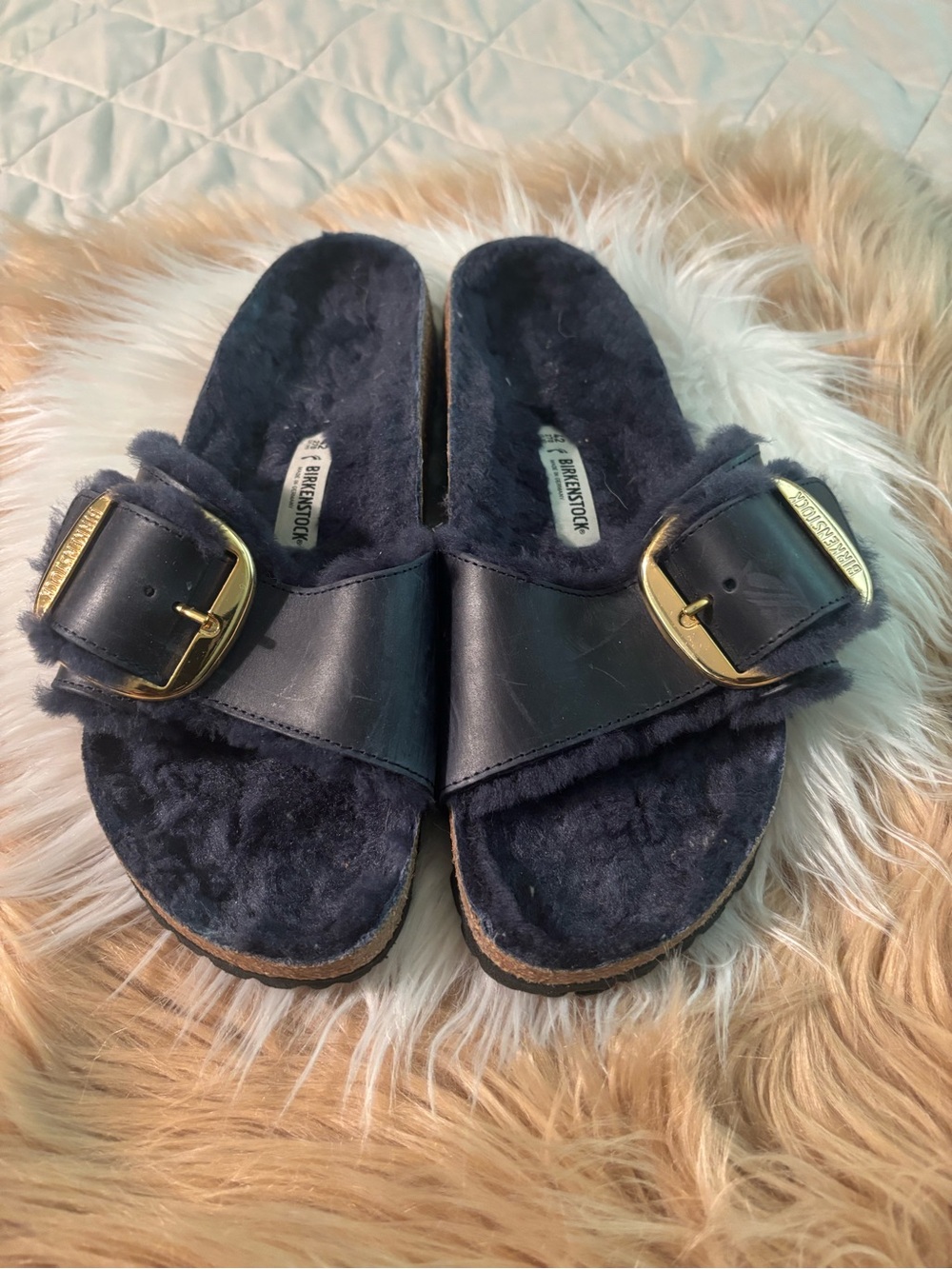 Birkenstock Navy Shearling Slide with Gold Buckles